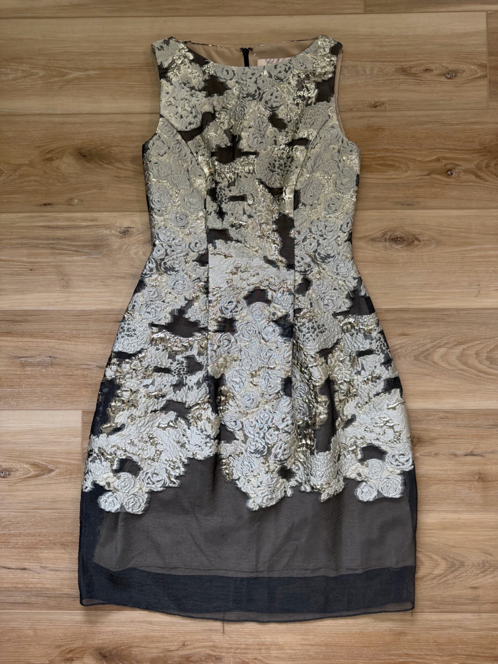 Lela Rose Embroidered Floral Lace Sheath Dress in Black, Ivory & Gold